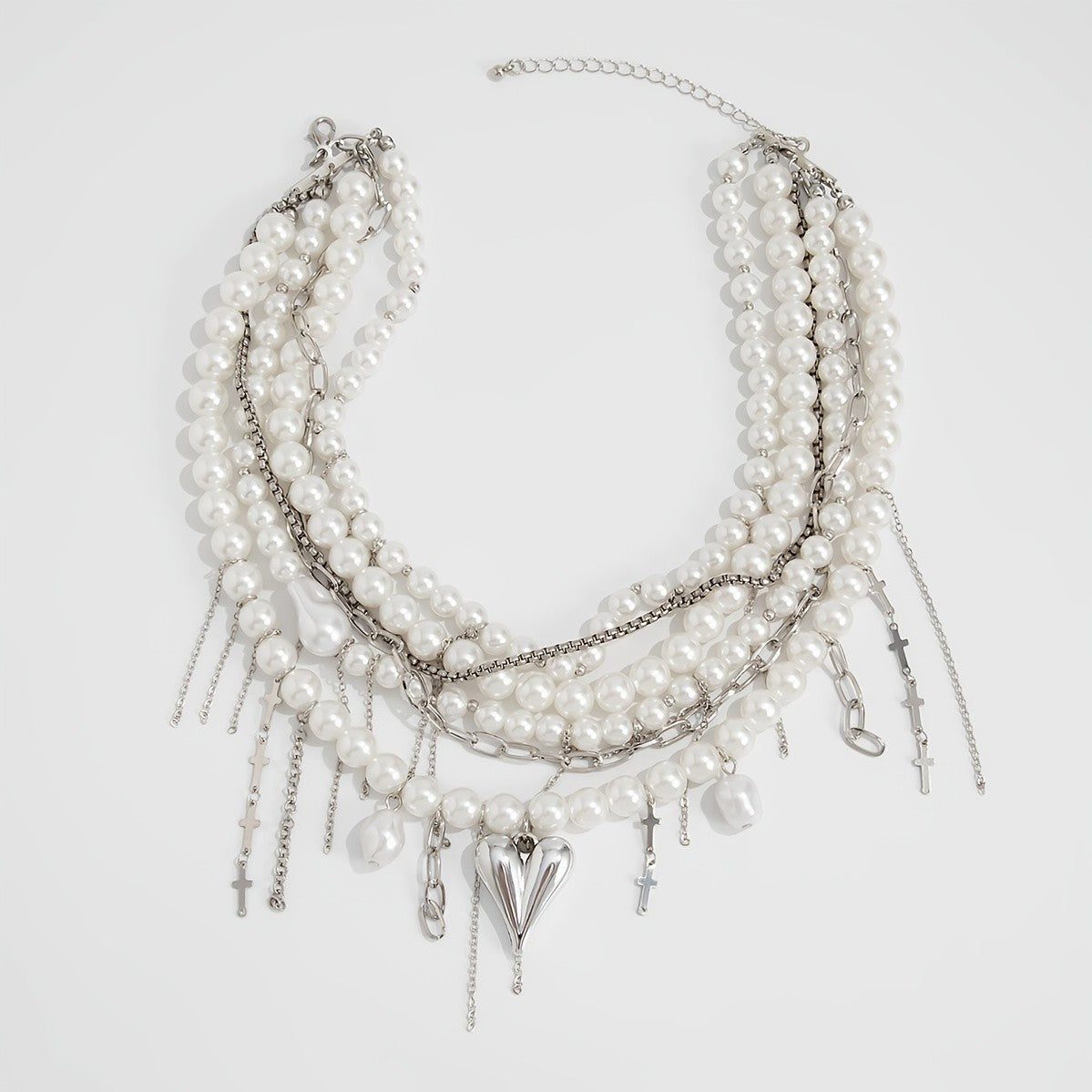 Elegant Layered Faux Pearl Heart Cross Necklace