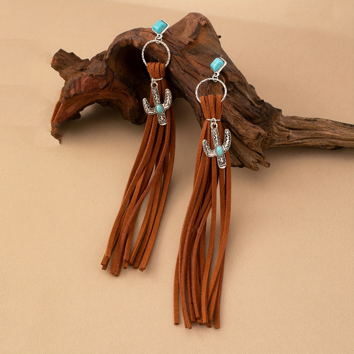 Boho Turquoise Cactus Tassel Earrings