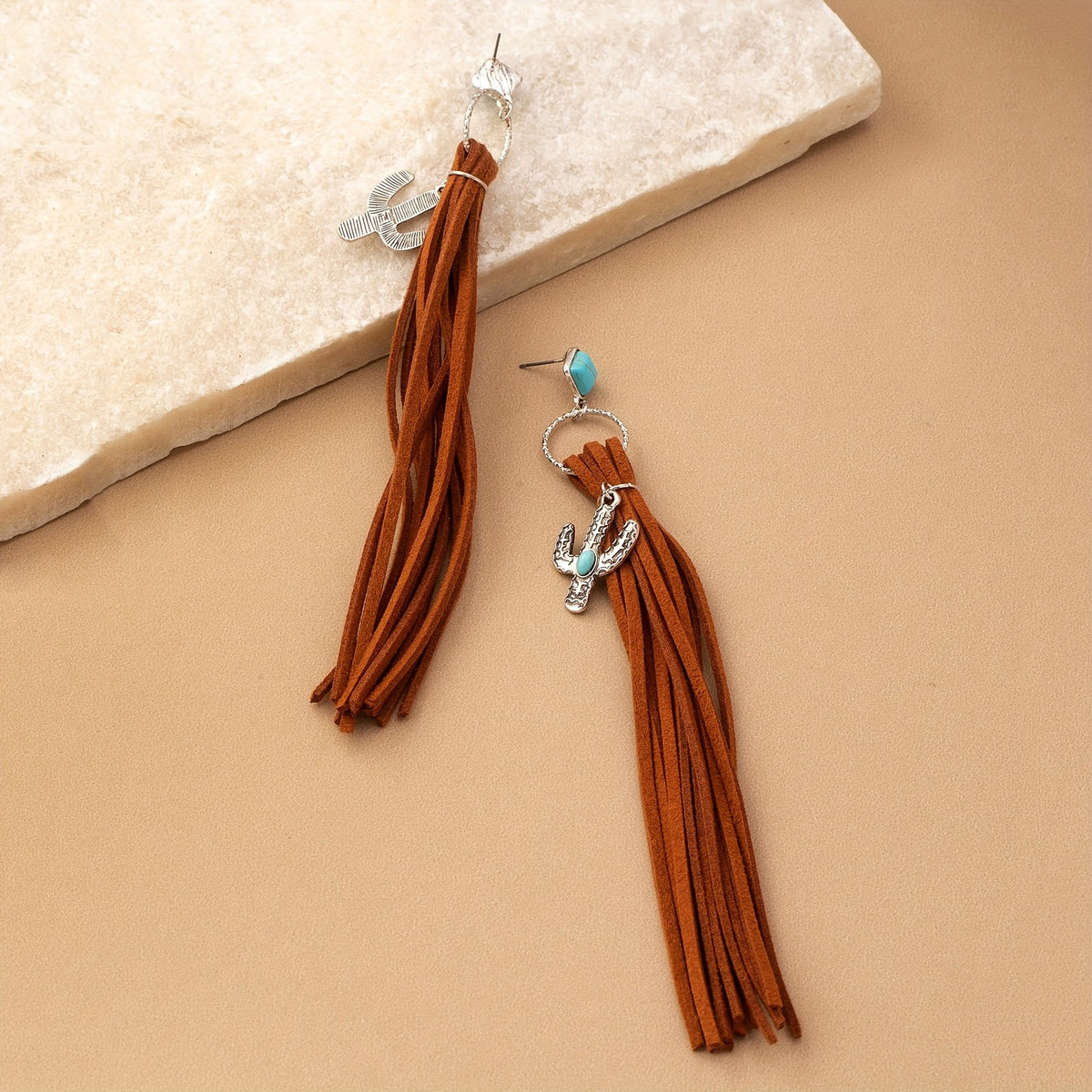 Boho Turquoise Cactus Tassel Earrings