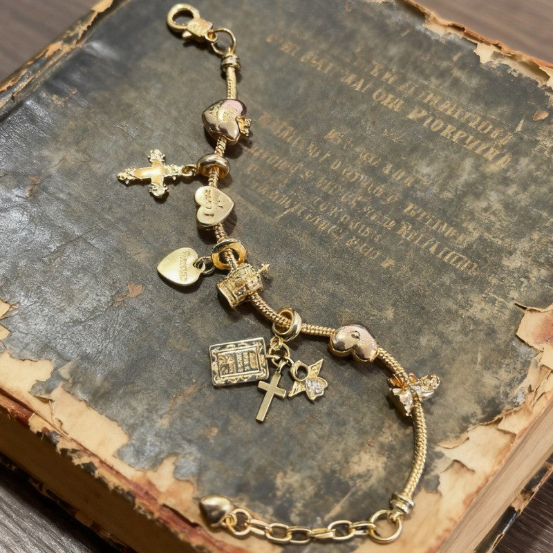 Boho Religious Cross & Crown Charm Bracelet