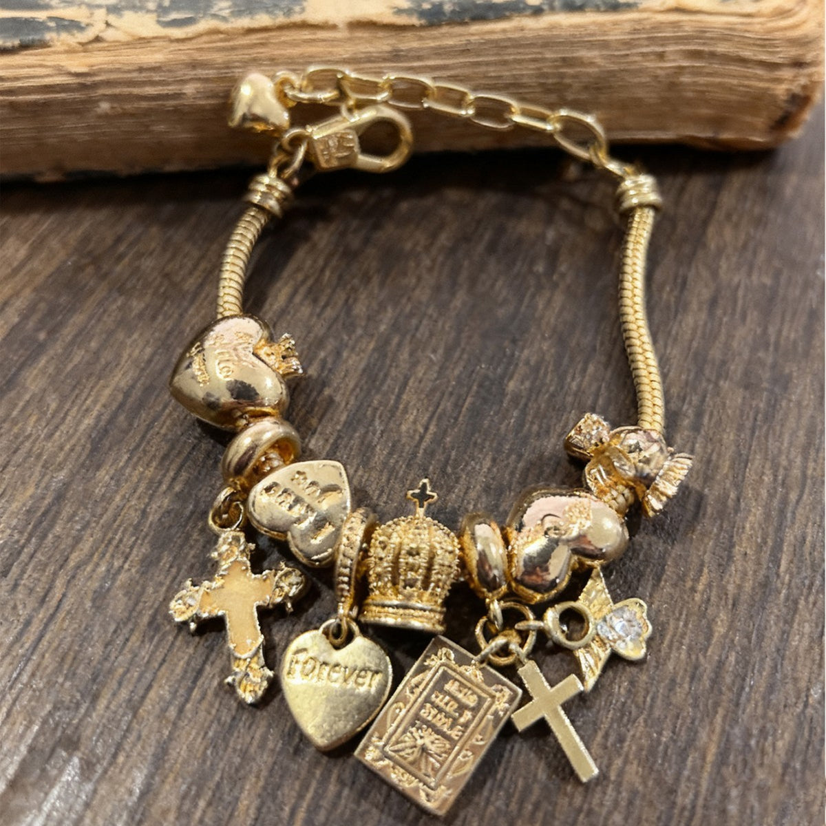 Boho Religious Cross & Crown Charm Bracelet
