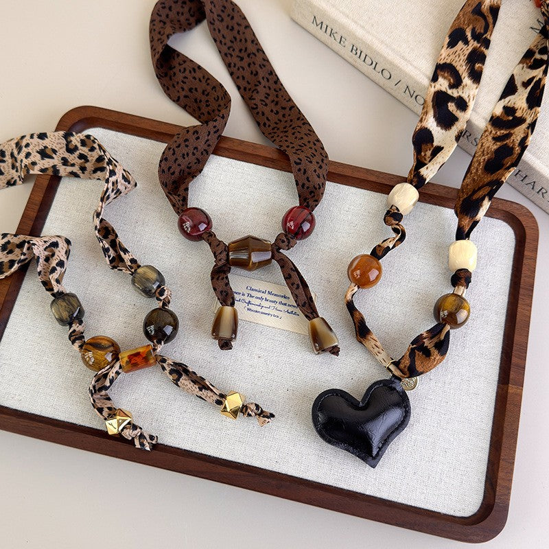 Vintage Leopard Print Beaded Scarf Necklace