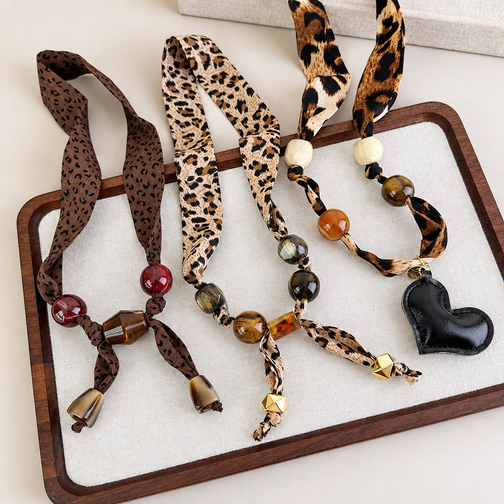 Vintage Leopard Print Beaded Scarf Necklace
