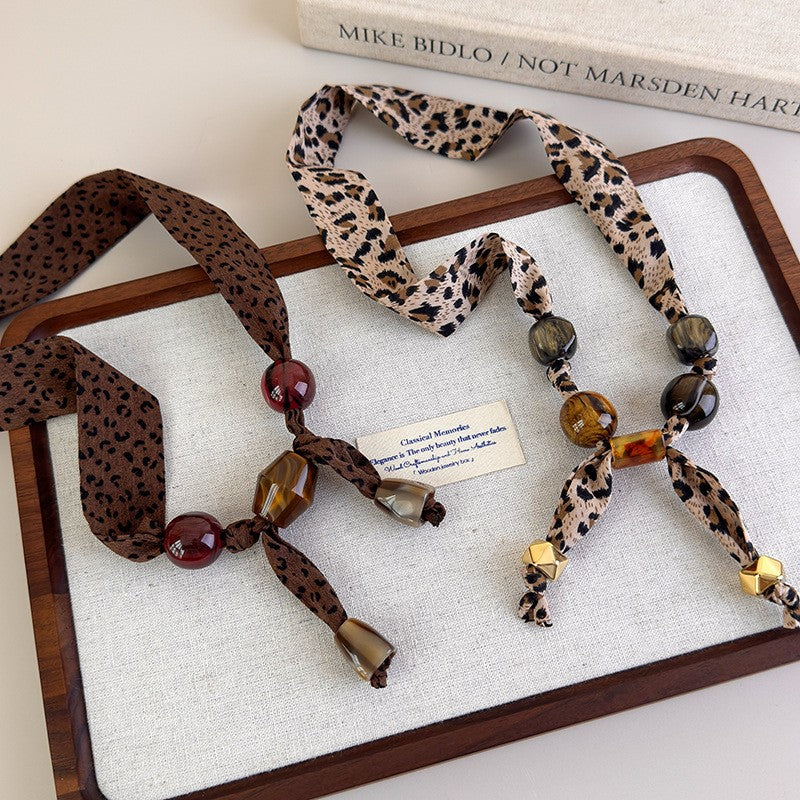 Vintage Leopard Print Beaded Scarf Necklace