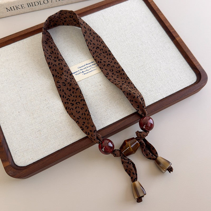 Vintage Leopard Print Beaded Scarf Necklace
