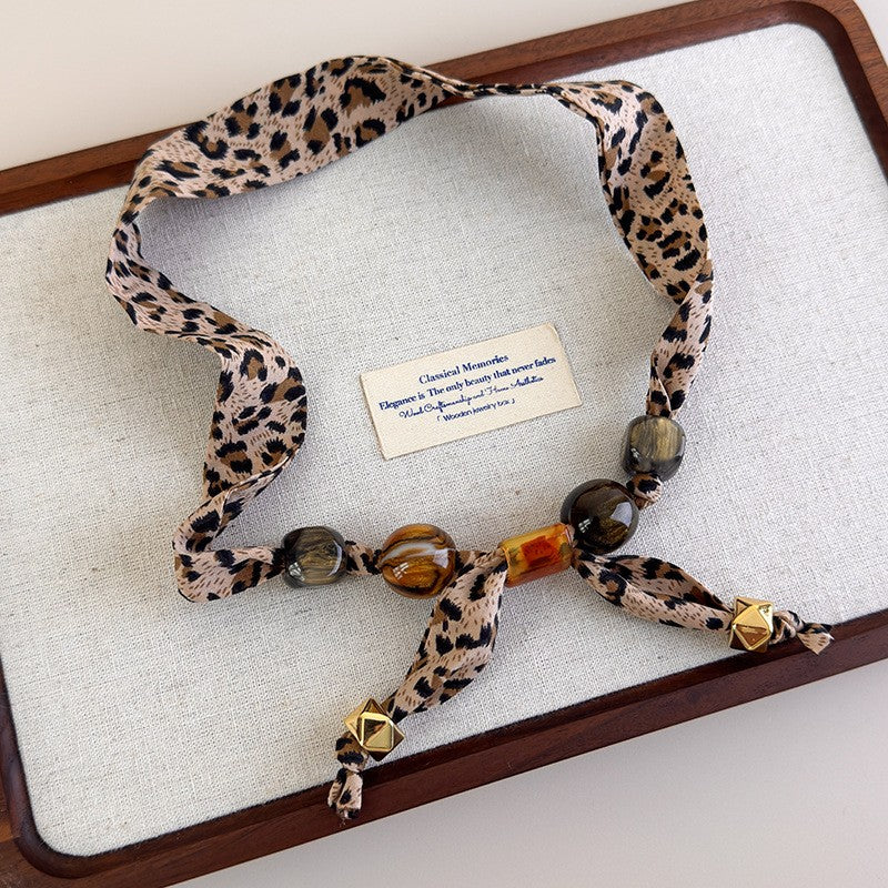 Vintage Leopard Print Beaded Scarf Necklace