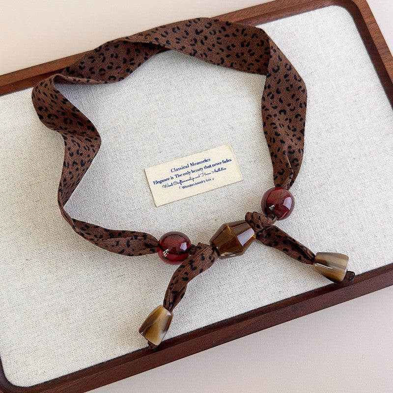 Vintage Leopard Print Beaded Scarf Necklace