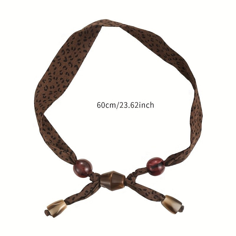 Vintage Leopard Print Beaded Scarf Necklace
