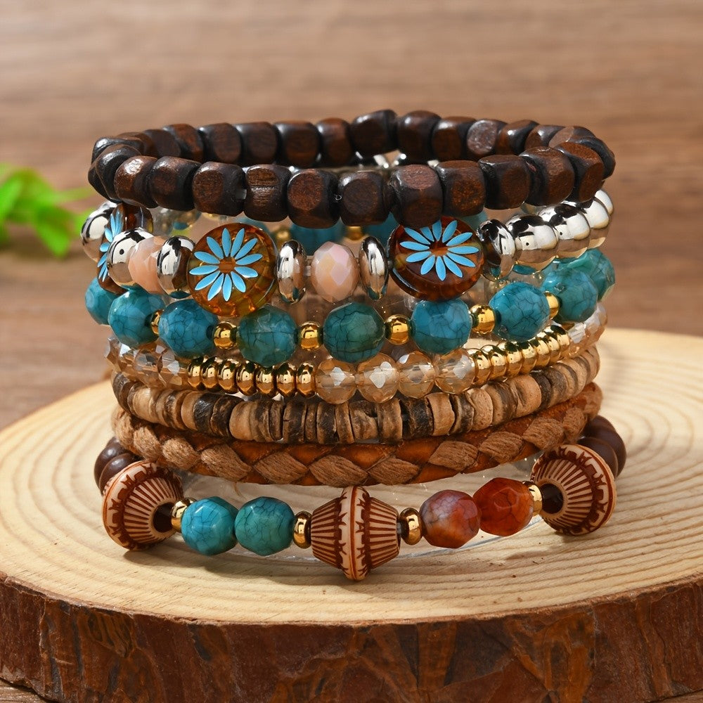 7pc Boho Floral & Turquoise Bracelet Set