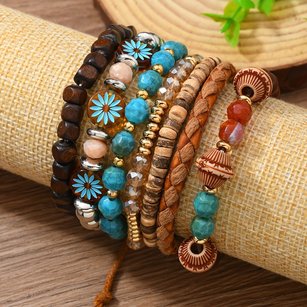 7pc Boho Floral & Turquoise Bracelet Set