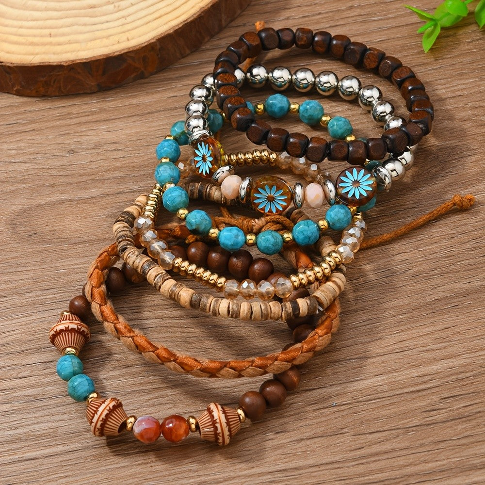 7pc Boho Floral & Turquoise Bracelet Set