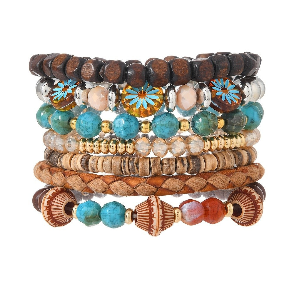7pc Boho Floral & Turquoise Bracelet Set