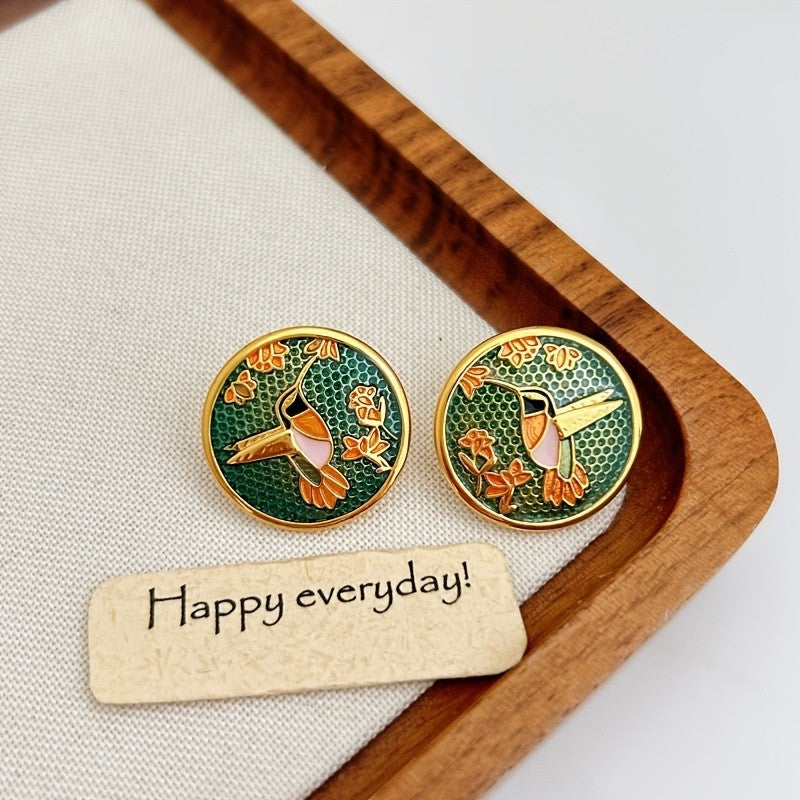 14k Vintage Enamel Hummingbird Earrings