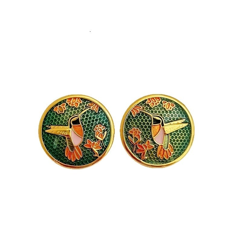 14k Vintage Enamel Hummingbird Earrings