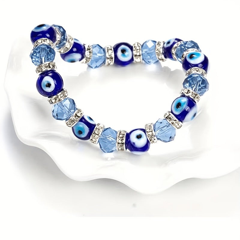 Boho Blue Evil Eye Glass Bead Bracelet