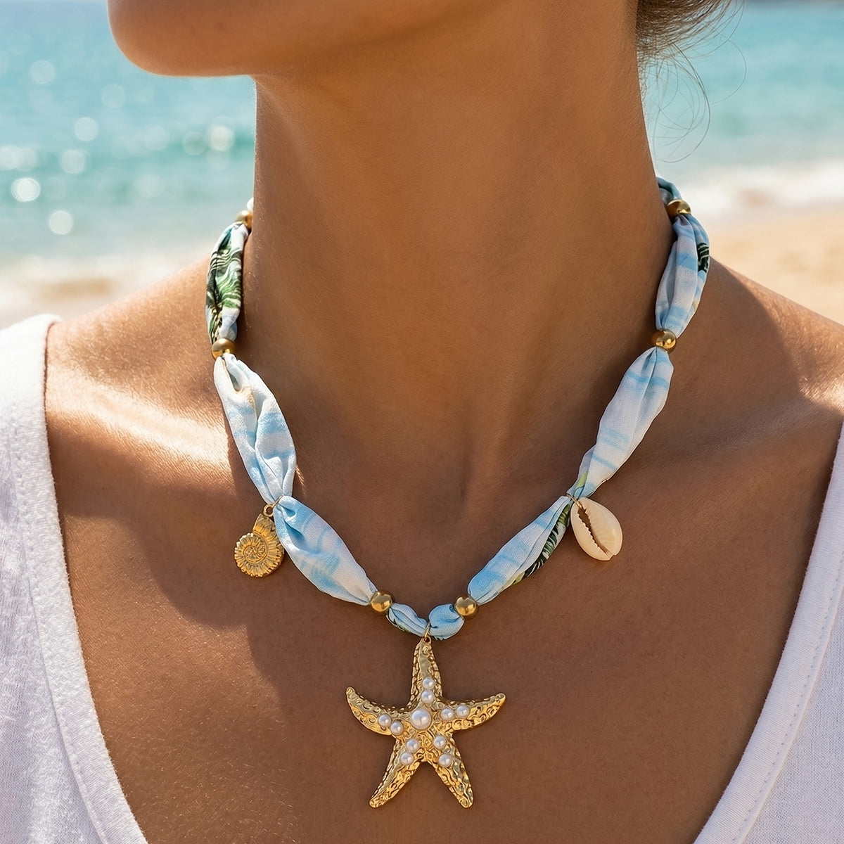 Boho Blue Scarf Starfish Necklace
