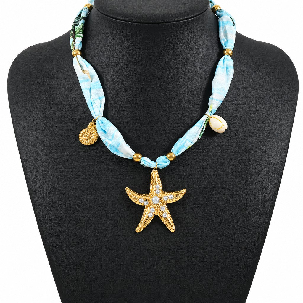 Boho Blue Scarf Starfish Necklace