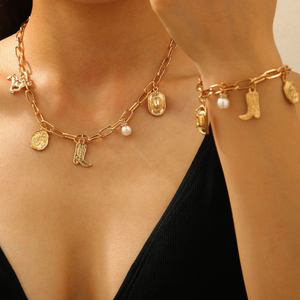 Boho Western Cowboy Boot Charm Necklace & Bracelet Set