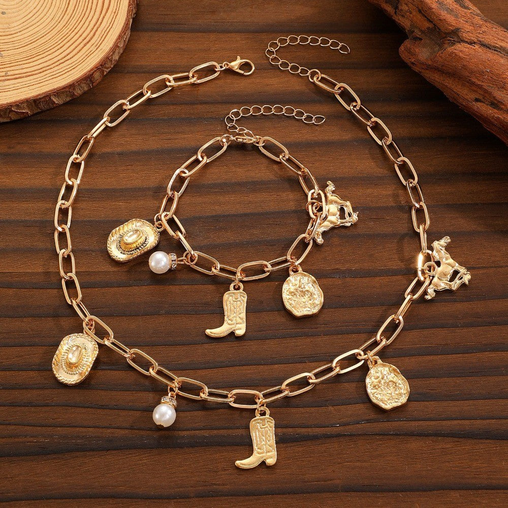 Boho Western Cowboy Boot Charm Necklace & Bracelet Set