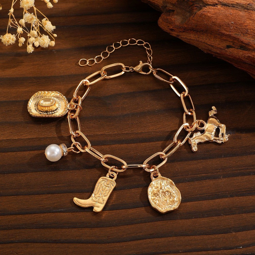 Boho Western Cowboy Boot Charm Necklace & Bracelet Set