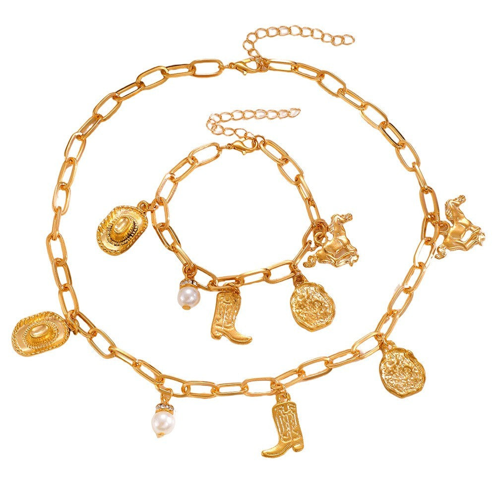 Boho Western Cowboy Boot Charm Necklace & Bracelet Set