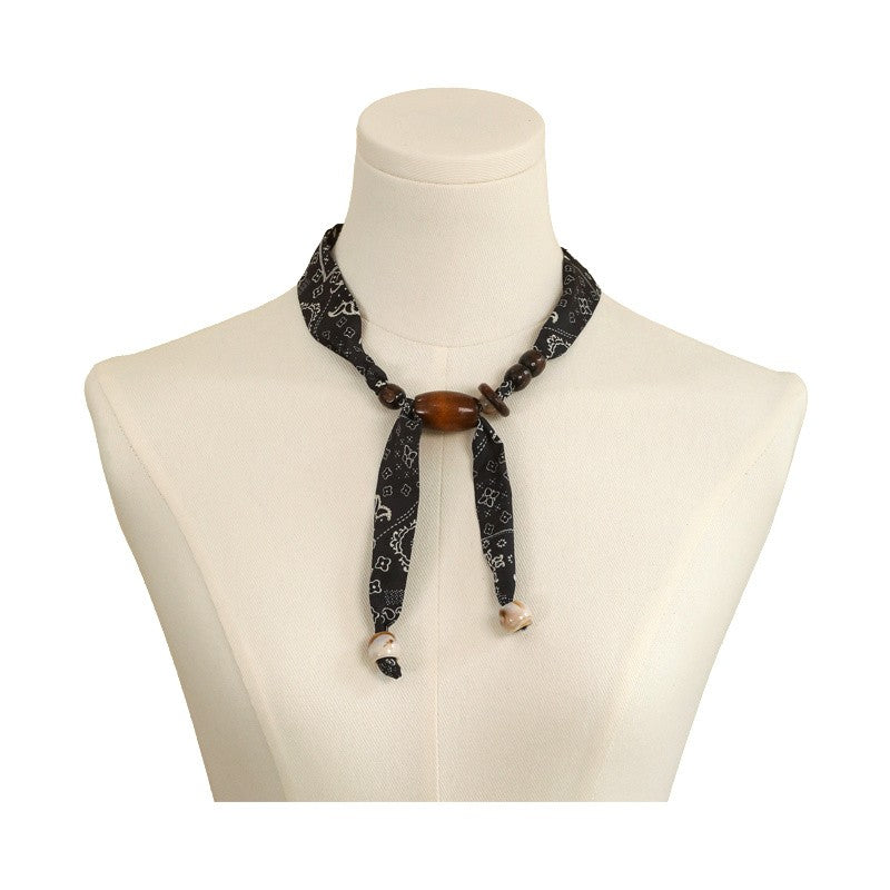 Boho Paisley Print Beaded Scarf Necklace