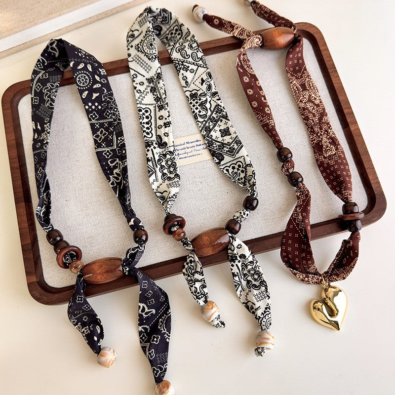 Boho Paisley Print Beaded Scarf Necklace