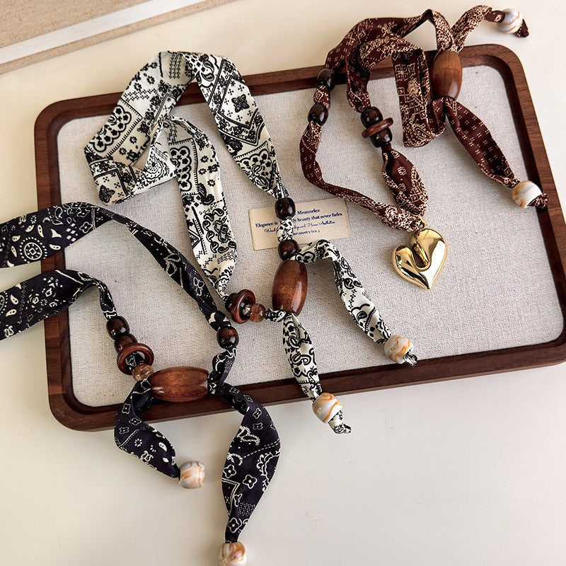 Boho Paisley Print Beaded Scarf Necklace
