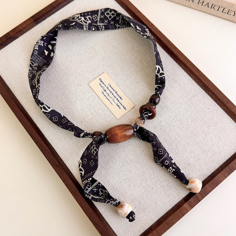 Boho Paisley Print Beaded Scarf Necklace