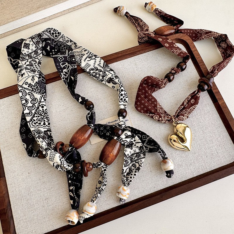 Boho Paisley Print Beaded Scarf Necklace