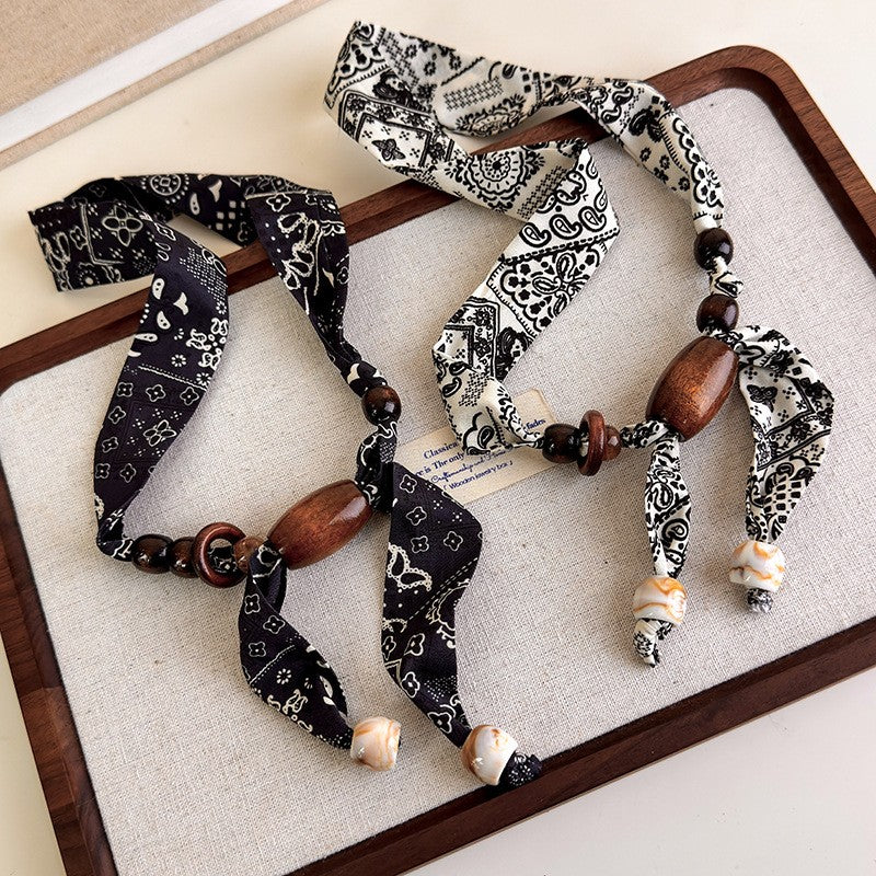 Boho Paisley Print Beaded Scarf Necklace