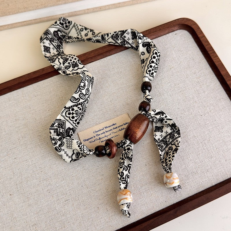 Boho Paisley Print Beaded Scarf Necklace