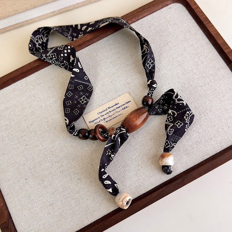 Boho Paisley Print Beaded Scarf Necklace