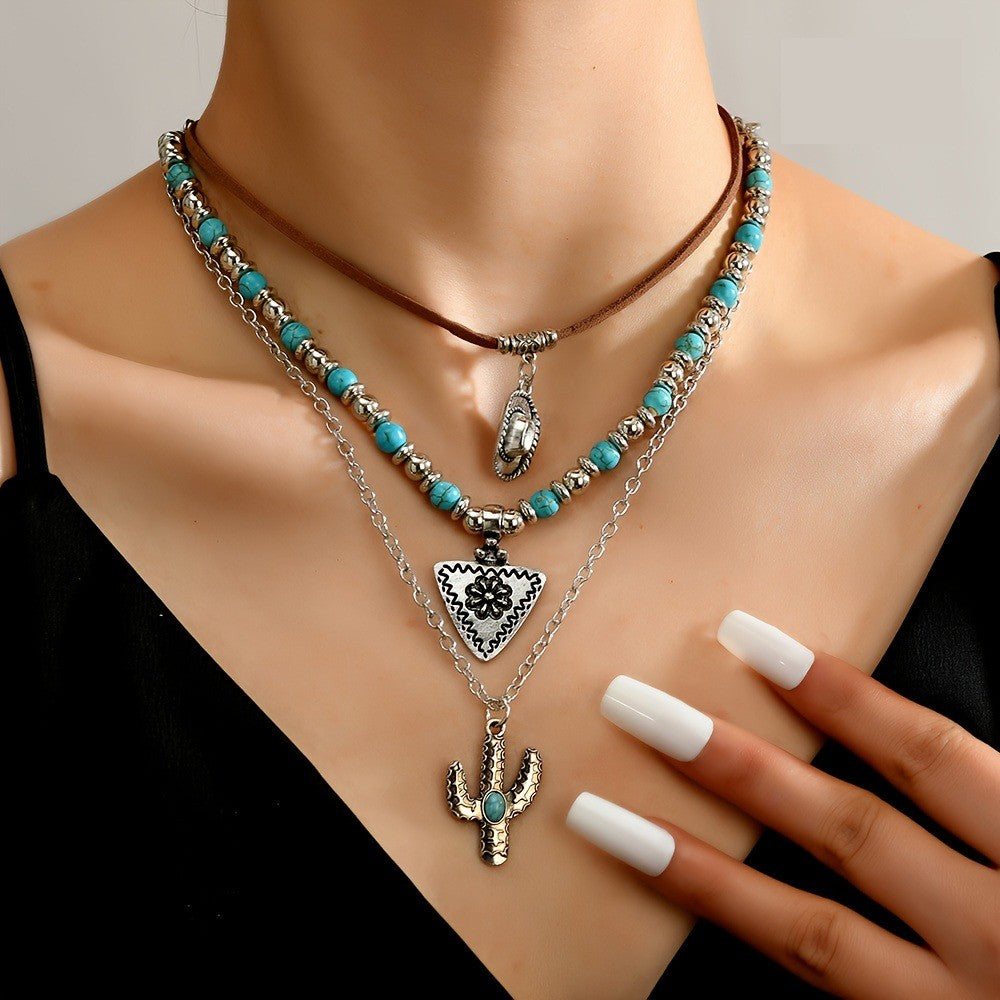 3pc Boho Turquoise Cactus Layered Necklace Set