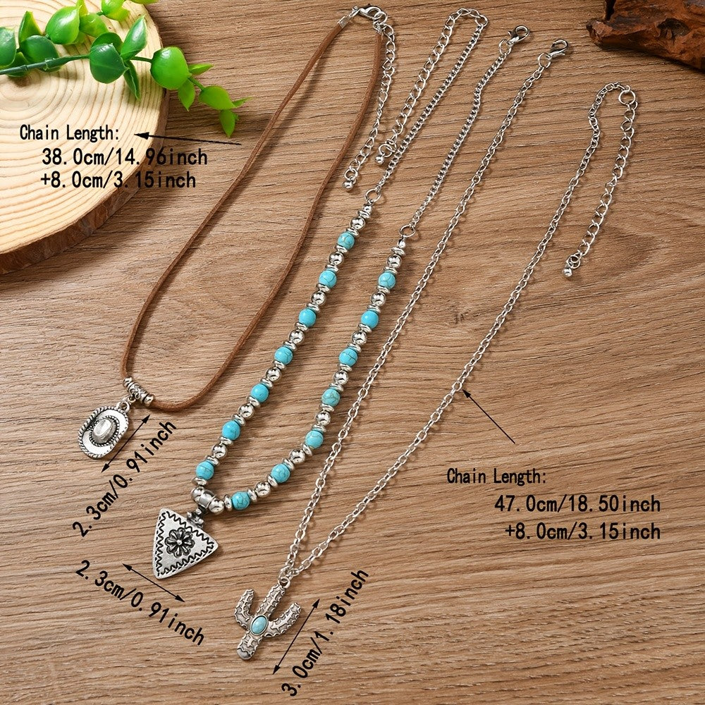 3pc Boho Turquoise Cactus Layered Necklace Set