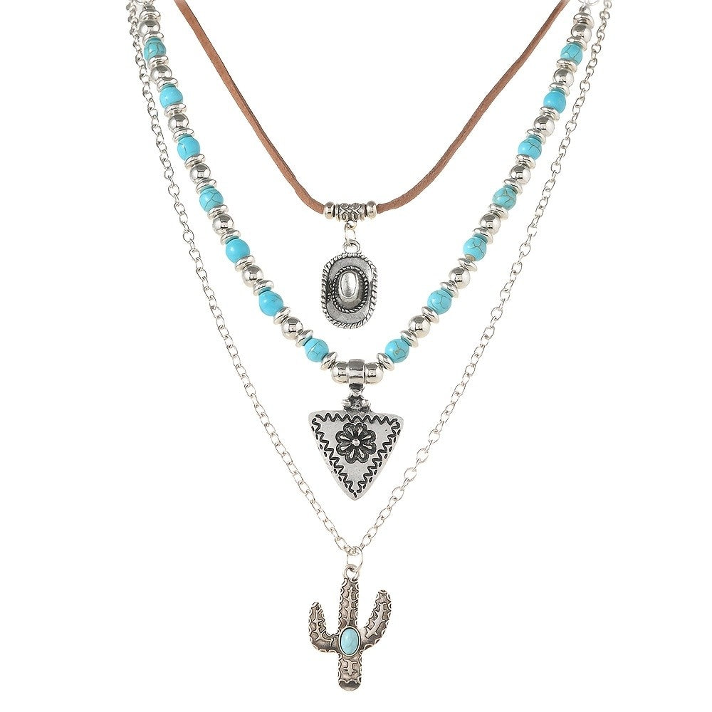 3pc Boho Turquoise Cactus Layered Necklace Set