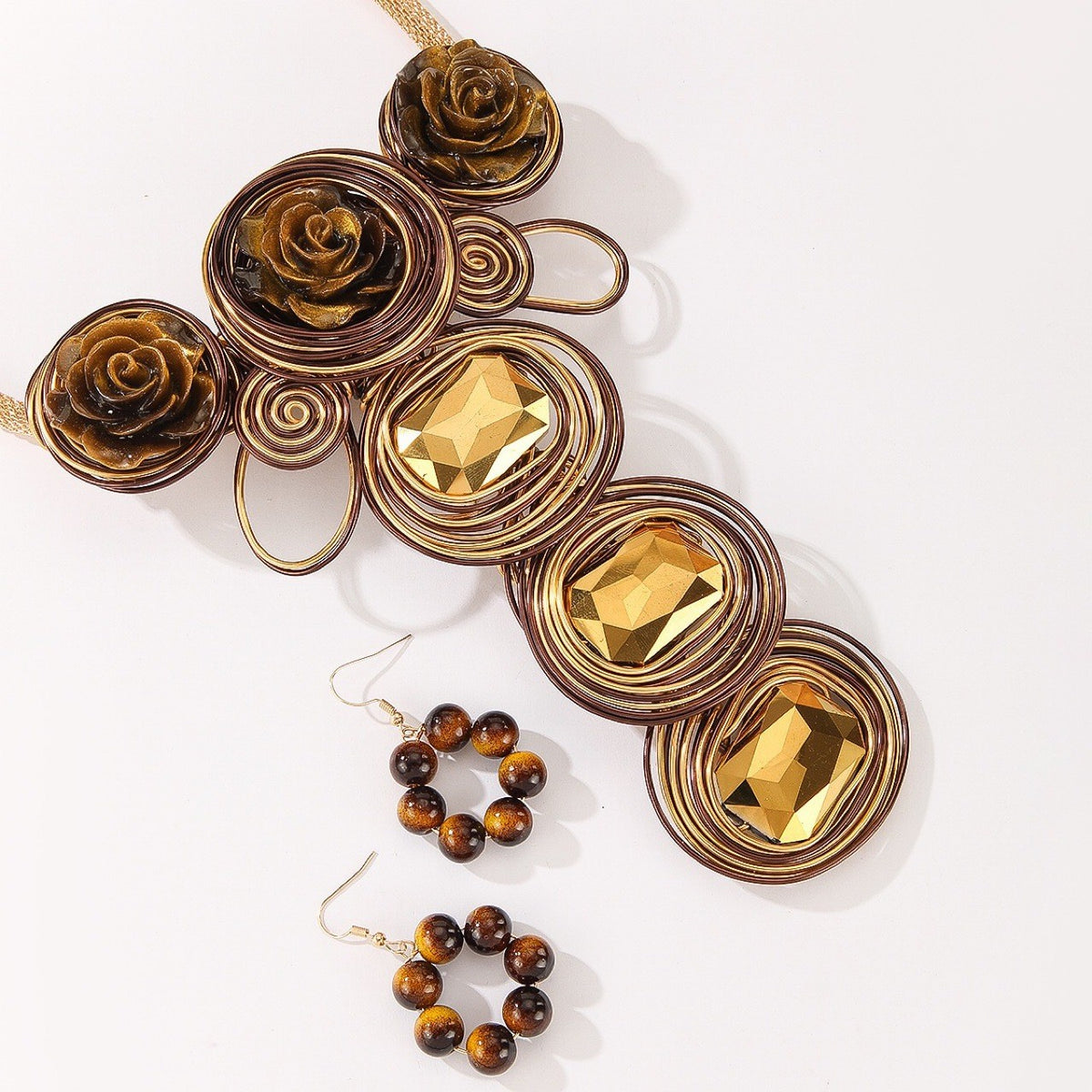 Boho Amber Rose & Gem Necklace, Earring Set