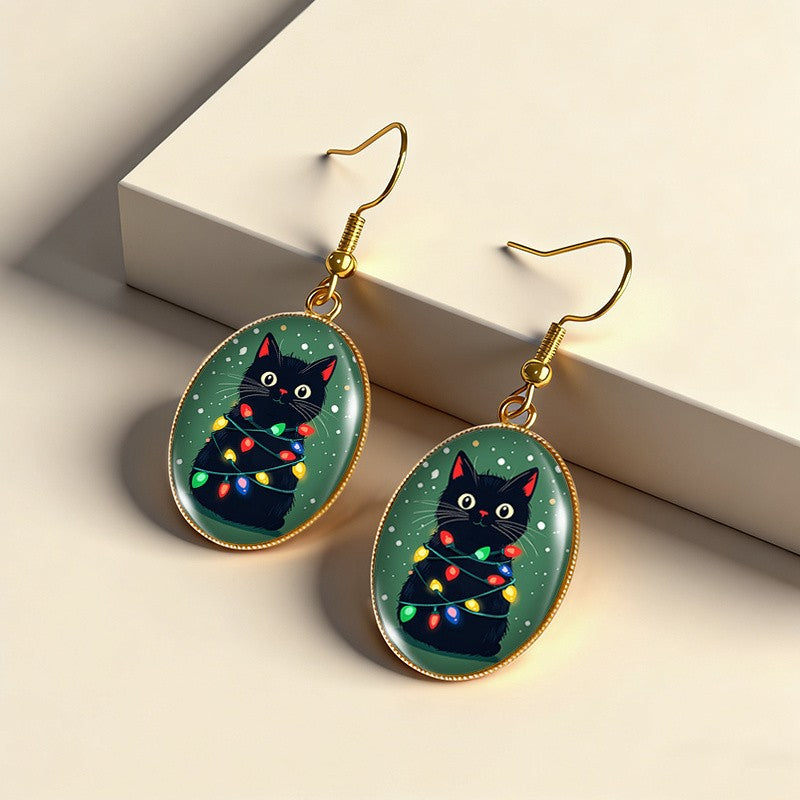 Festive Black Cat Dangle Earrings