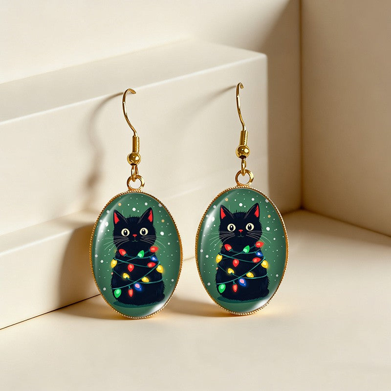 Festive Black Cat Dangle Earrings
