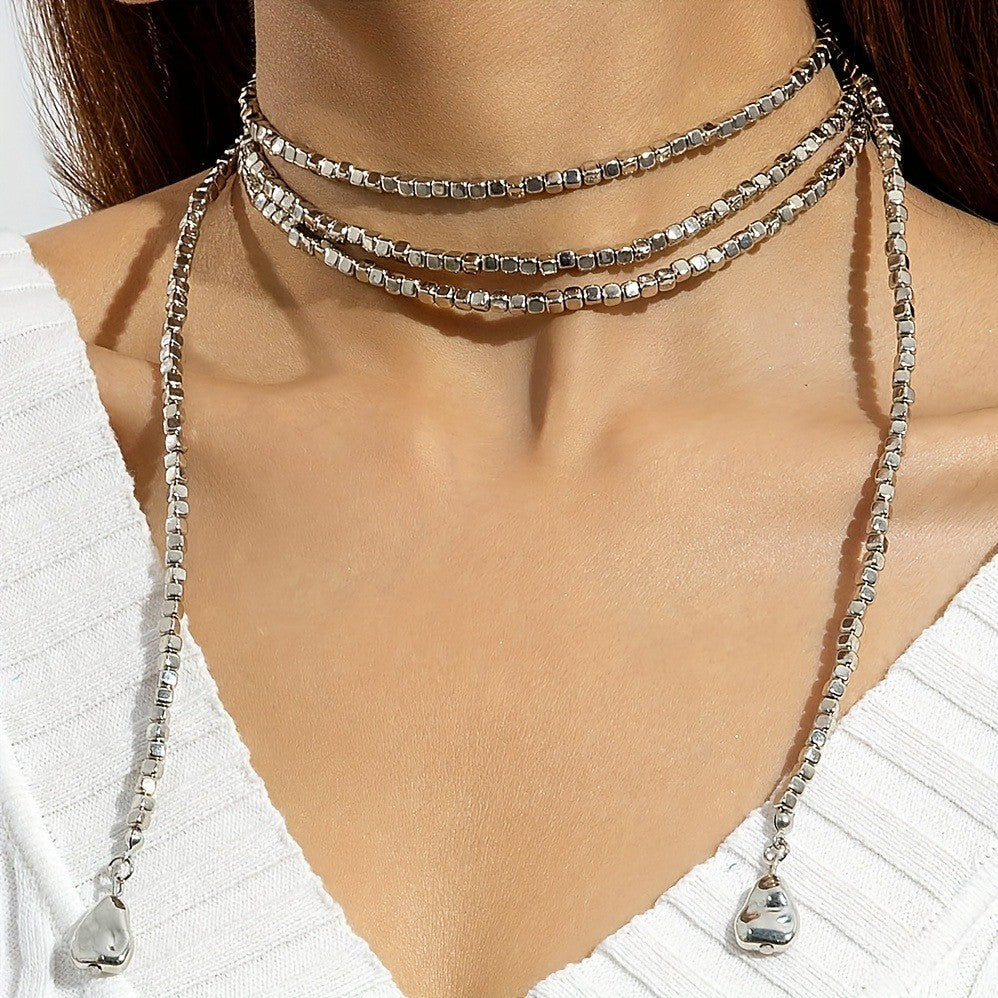Layered Geometric Box Chain Lariat Necklace