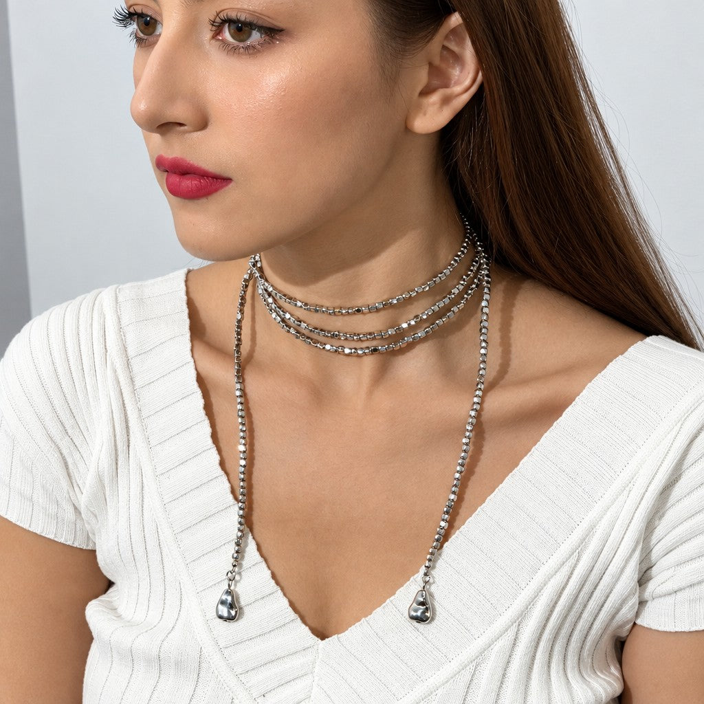 Layered Geometric Box Chain Lariat Necklace