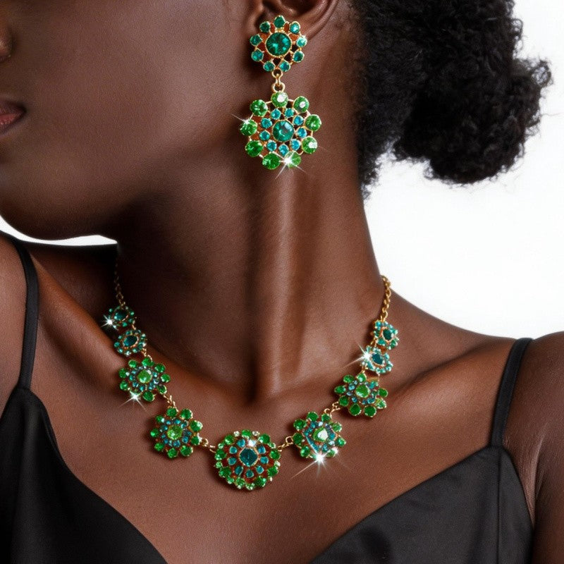 Elegant Emerald Flower Necklace & Earring Set