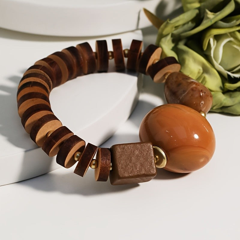 Vintage Wood Block Resin Bead Bracelet