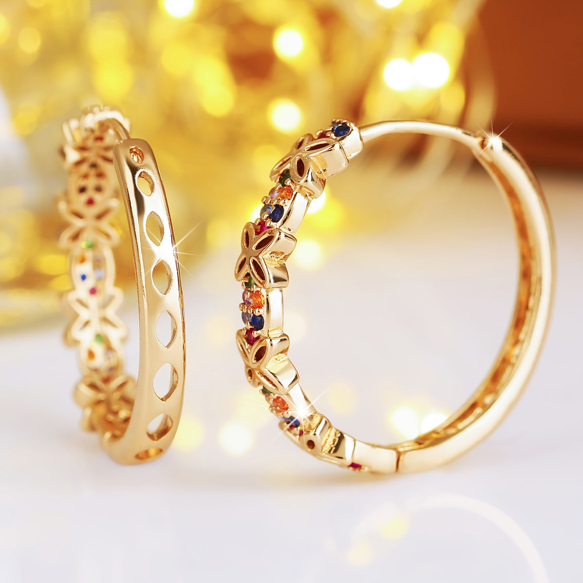 14k Boho Multicolor Floral Hoop Earrings