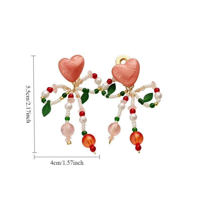 Romantic Pink Heart & Cherry Beaded Earrings