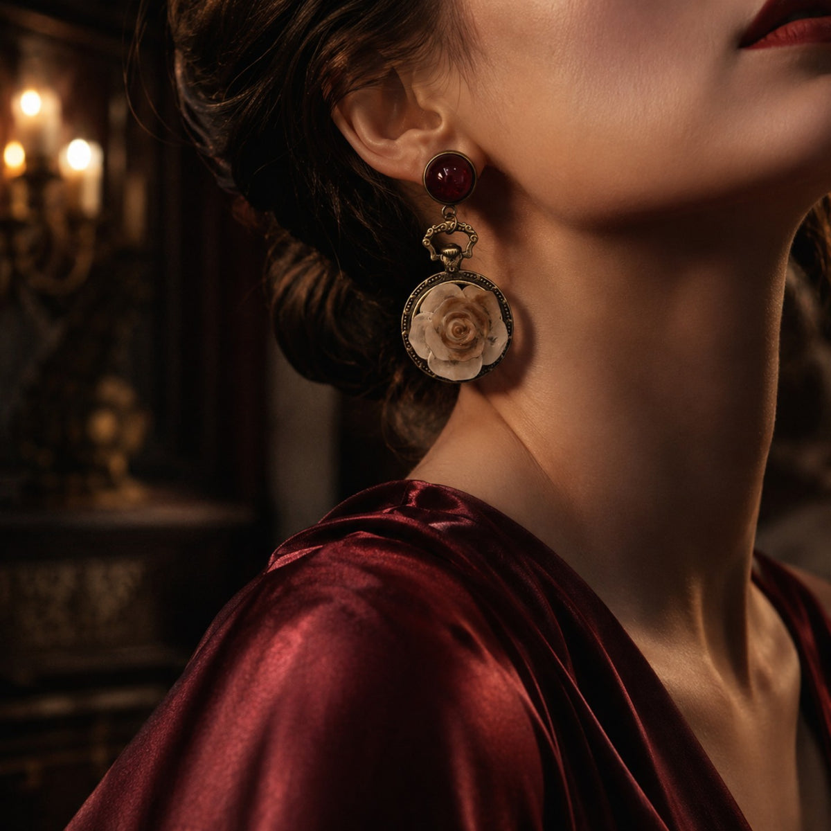 Vintage Red Bead Rose Drop Earrings