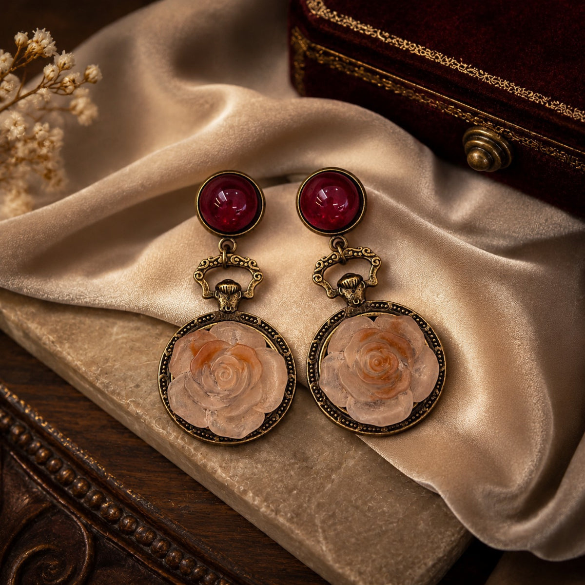 Vintage Red Bead Rose Drop Earrings