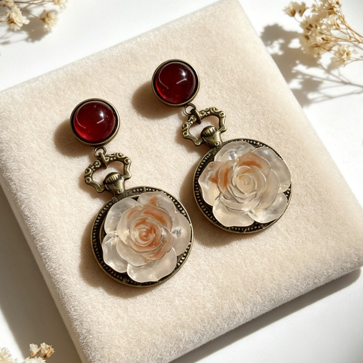 Vintage Red Bead Rose Drop Earrings