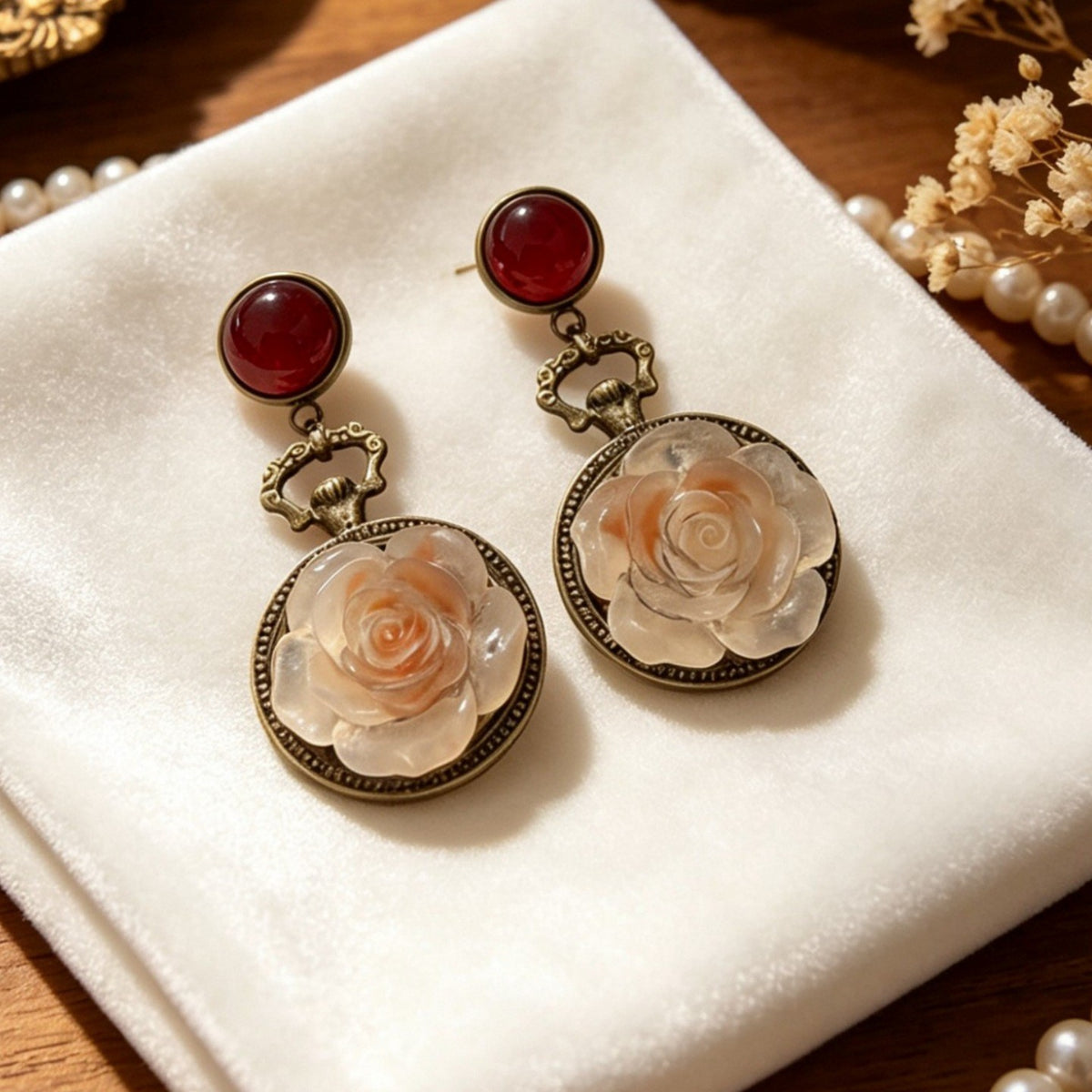Vintage Red Bead Rose Drop Earrings