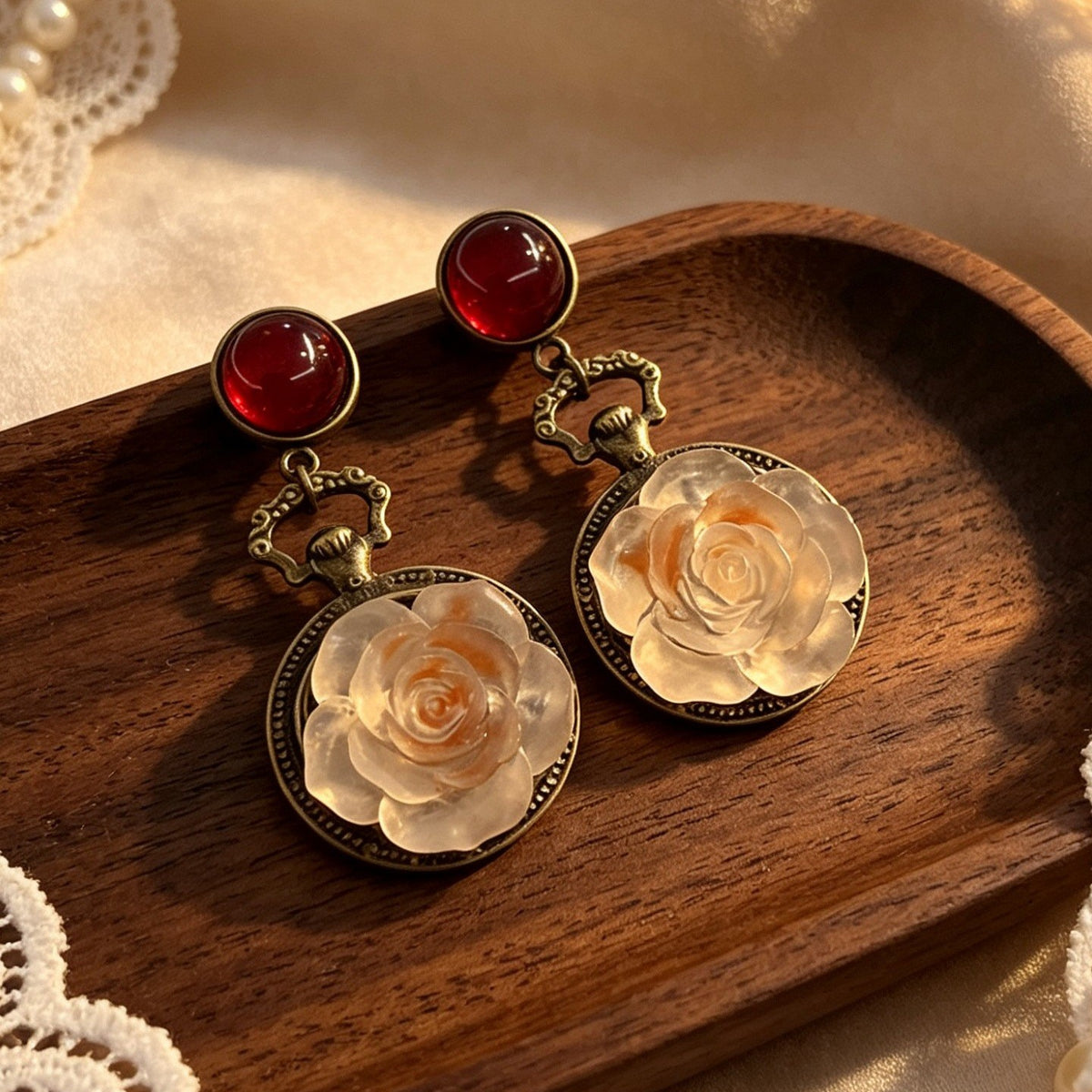 Vintage Red Bead Rose Drop Earrings